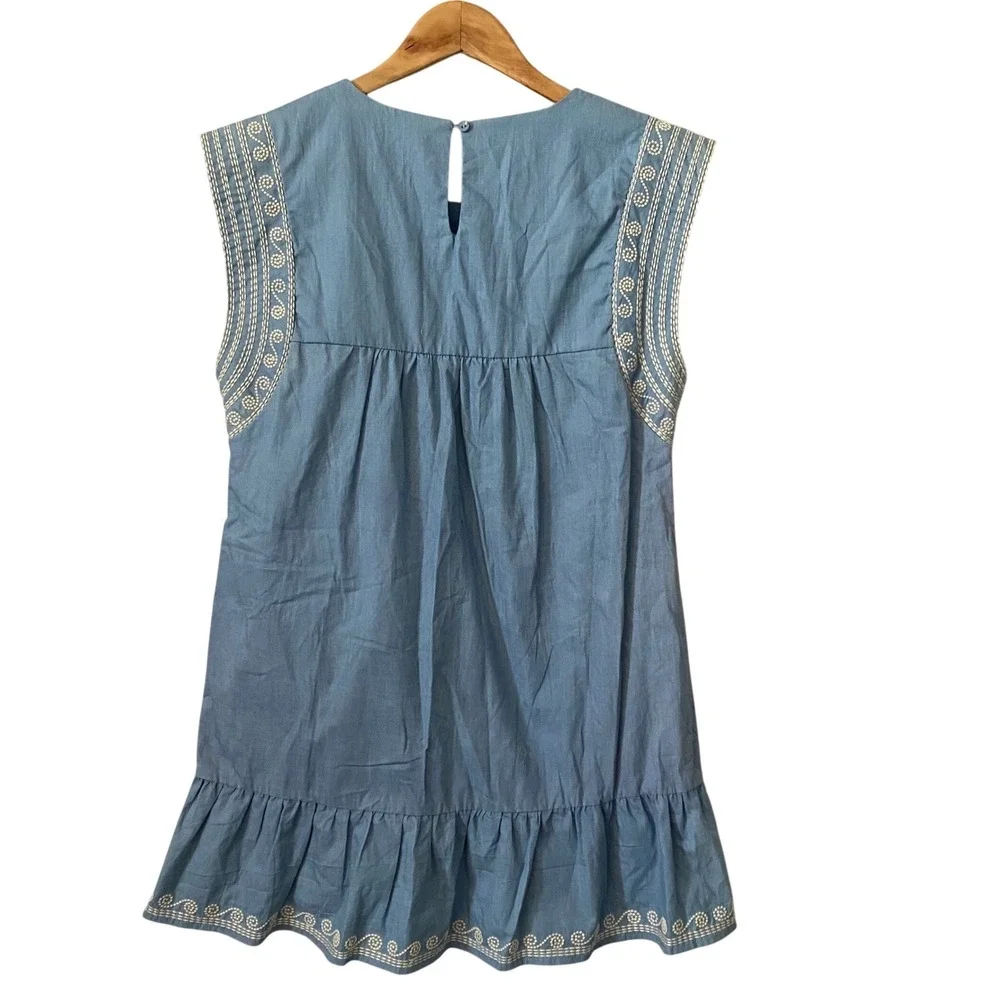 Joy Joy Blue Chambray Embroidered Elephant Boho Ruffle Hem Mini Dress XS - Picture 2 of 8